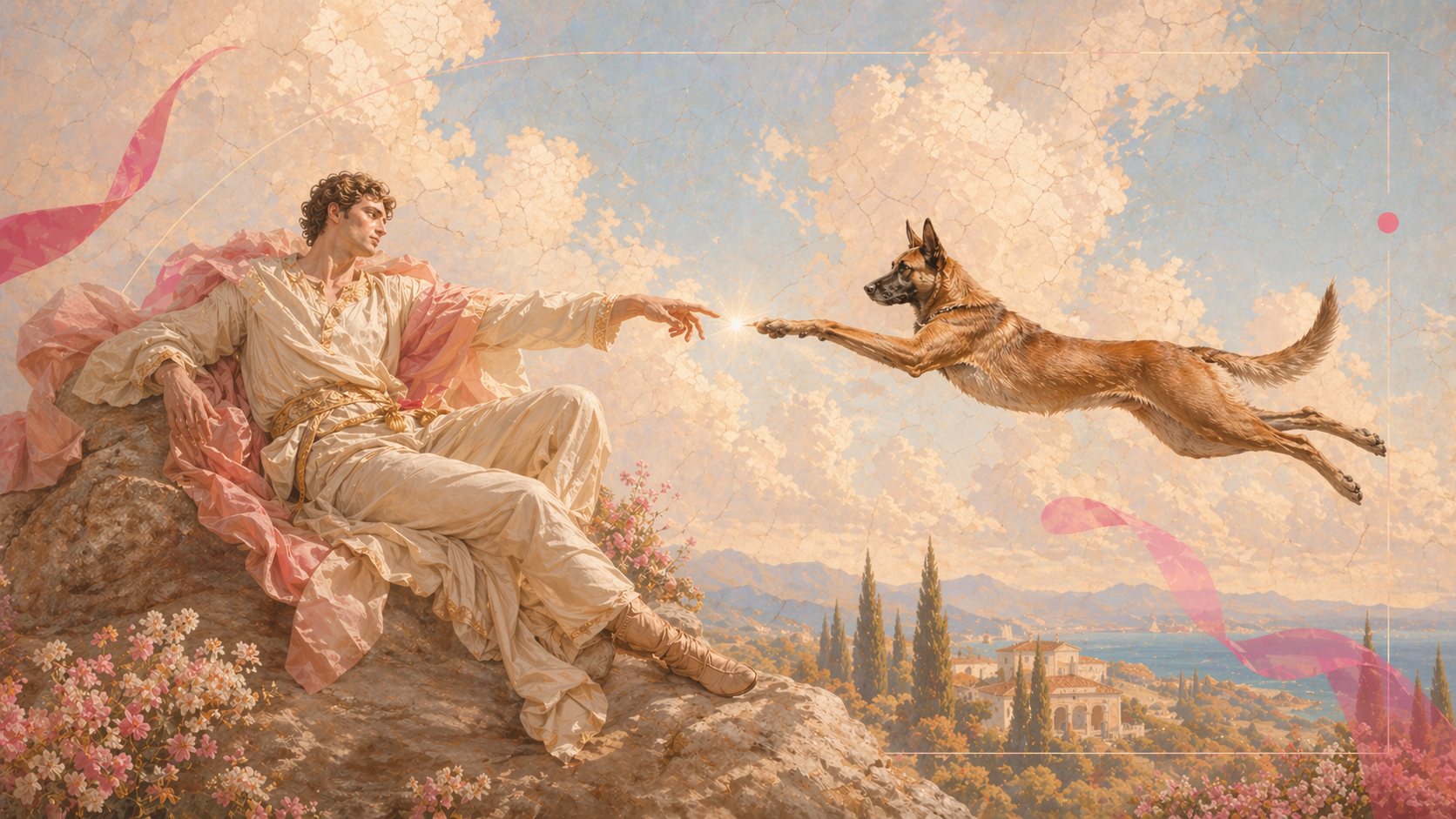 Ilustración de una persona y un perro acercando sus manos