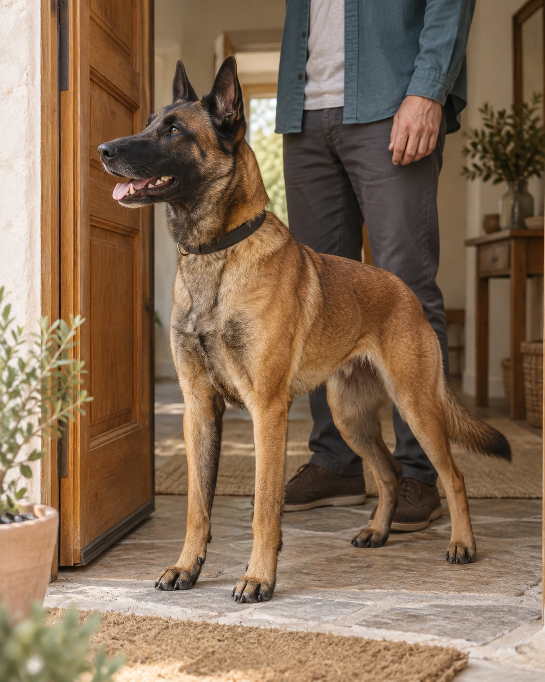 Escena ilustrativa con IA: malinois atento en la entrada de una casa junto a su propietario